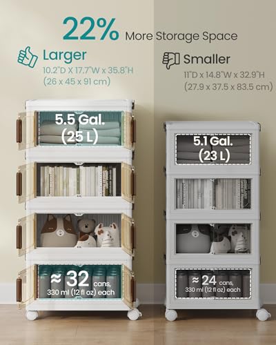 Image of SONGMICS 26QT Plastic Storage Bins with 1 Lid, 4-Tier Stackable Bins with Doors and Wheels, Foldable Storage Boxes, for Closets, Bedroom, Living Room, Office, White URLB445WZ01