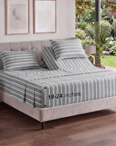 Image of Flex Top Split Head King Sheet Set - 4 Piece Extra Deep - Grey Stripes 3