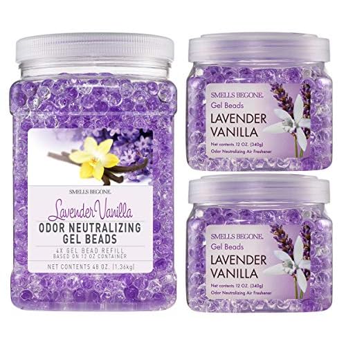 SMELLS BEGONE Odor Eliminator Gel Bead Value Pack – 72 oz – Air Freshener – Eliminates Odors in Bathrooms, Pet Areas, Boats, RVs & Cars – Made with Essential Oils – Lavender Vanilla Scent