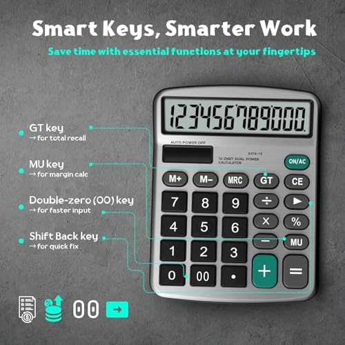 Image of 12-Digit Desktop Adding Machine with Large LCD Display, 120 Steps Check & Correct, Dual Power Solar & Battery, Big Button Office Use for Home, School & Business, White | 1 AAA Battery Included