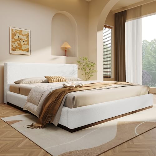 Image of Merax Queen Size Boucle Upholstered Bed Frame with Thick Headboard, Modern White Upholstery Platform Bed for Bedroom, Apartment, Solid Wooden Slats Support, No Box Spring Needed, Low Profile Design