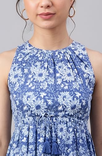Image of Janasya Women's Blue Pure Cotton Floral Printed Tiered Dress