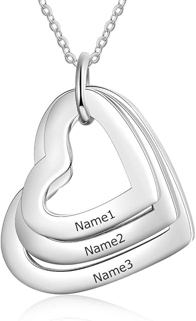 KAULULU Custom Jewellery Love Heart Silver Necklace for Women- Pendant for Mum Grandma BFF Name Necklace Chain Personalised Gifts - Customised Engraved 1-4 Family Names Necklaces