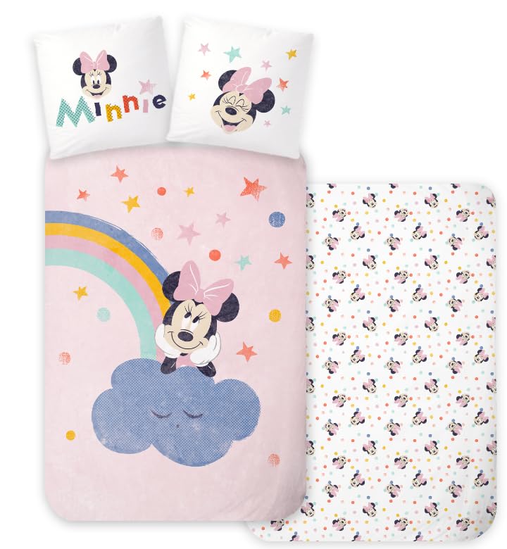 Disney Parure de Lit Bébé Minnie Mouse – 100x135 cm + 40x60 cm – 100% Coton – Housse de Couette et Taie d’Oreiller – Motif Arc-en-Ciel & Nuage