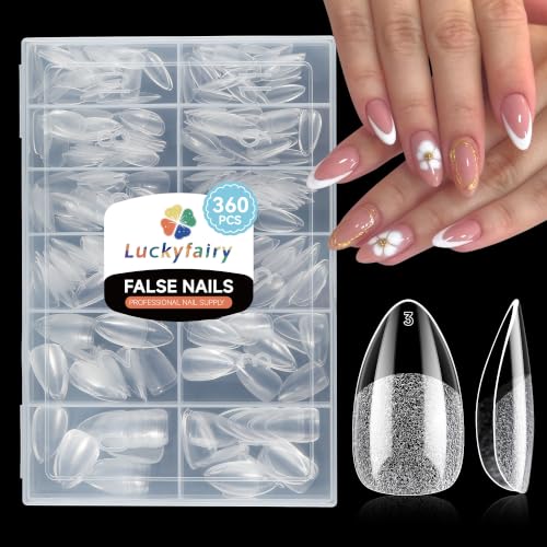 Luckyfairy Short Almond Gel Nail Tips 360Pcs Pre Etched Nail Tips Almond Shape Full Cover Soft Gel Fake Nails for Nails Extension DIY Art Salon 12 Sizes