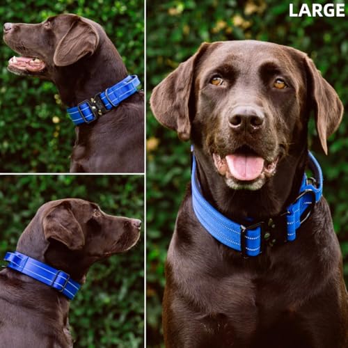 Image of Tuff Pupper Tactical Dog Collar | Heavy Duty 1.5 inch Wide Ballistic Nylon | Training Control Handle | Quick-Release Metal Buckle | Reflective Bands | ID Tag Holder | Padded Inner Lining (Blue, Large)