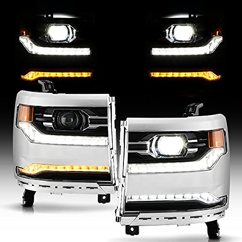 ACANII - For 2016-2018 Chevy Silverado 1500 All Model Chrome Switchback LED DRL Projector Headlights Headlamps Left+Right