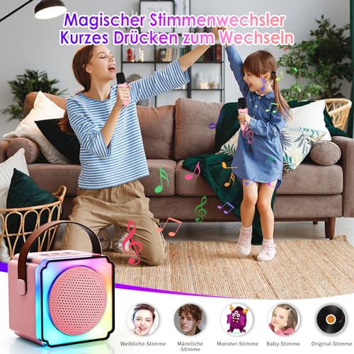 Karaoke Maschine Kinder mit 2 Karaoke Mikrofon Kinde Mini Tragbares Bluetooth Lautsprecher mit Stimme wechselnde Effekte & LED Lichteffektenfür Partei, Geschenke für Geburtstag, Weihnachten (Rosa)