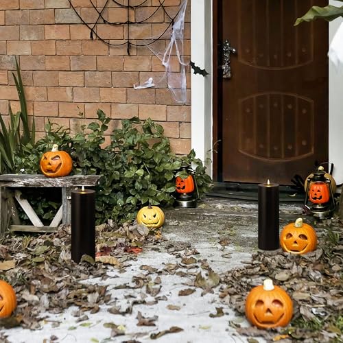 Image of Waterproof 4 inch x 12 inch Flameless LED Remote Candles, Battery Operated Flickering Fake Timer Pack of 2 Tall Large Plastic Black Pillar Lasting 420 Hrs Outdoor Candles for Halloween Festival