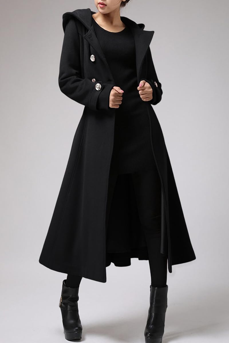 Cicy Bell Womens Long Double-Breasted Hooded Coat Winter Warm Wool Trench Coat with Belts - Image 2