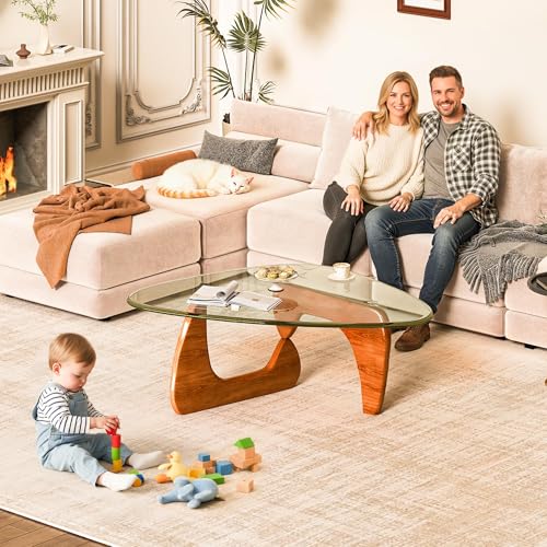 Table basse triangulaire verre trempé noyer Wumagin