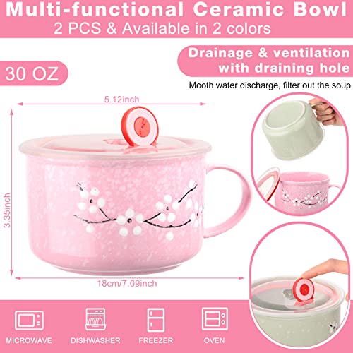 Seewey 2 Pcs Floral Ceramic Bowl With Lid And Handle 30 Oz Soup Bowls Heat Preservation Instant Noodles Mug Soup Cup Microwavable Bowls For Ramen Noodle Cereal Travel #TOP1