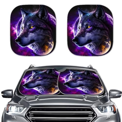 Gongbawa Wolf Car Sun Shade Protector Parasol Auto Front Window Sunshield Covers Car Foldable 2 Sets Automotive Interior Accessories Galaxy Sun Protection Sunshades