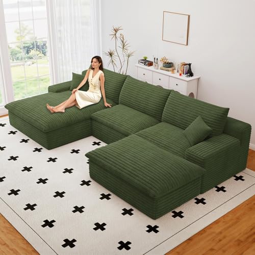 Image of 107 inch Cloud Couch Modular Sectional Sofa for Living Room, U-Shape Boneless Couch with Deep Seat, Modern Corduroy 3-Seater with Ottoman, No Assembly Required (Green,Left-Facing Chaise)