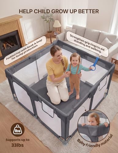 Image of Dripex Baby Playpen, 47 inchx47 inch Small Play Pen for Babies, Dark Gray | Included Colorful Balls / Pull up Rings, Breathable Visible Mesh, Anti-Fall Design, Easy Setup, Indoor /Outdoor Use