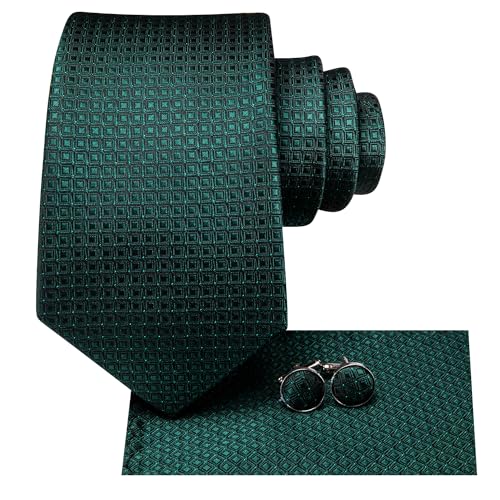 Image of Hi-Tie Mens Plaid Ties Classic Paisley Necktie with Handkerchief Cufflinks Set Business Stripe Tie,Dark Green