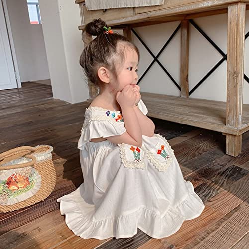 Roupas infantis para bebês e meninas verão linho manga curta bordado floral vestidos para Natal (beg