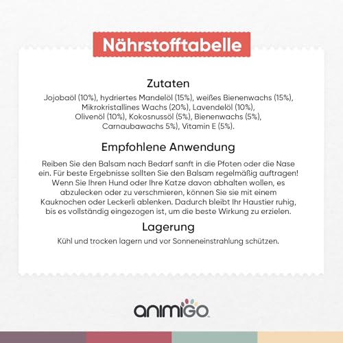 Nasen & Pfotenbalsam für Hunde & Katzen - Für trockene, rissige Nasen & Pfoten im Sommer - 60ml Pfotenpflege & Nasenbalsam mit Lavendelöl, Bienenwachs, Vitamin E - Nasensalbe & Pfotenschutz - animigo