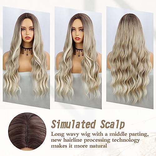 Hanyudie Ombre Blonde Wig Long Wavy Wig For Women Middle Part Wavy Wigs Synthetic Heat Resistant Party Wigs (Ombre Ash Blonde) #TOP3