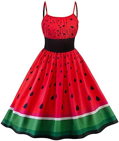 Heitaisi Women Girl Summer Sundress Watermelon Print Colorblocking Waist Swing Sleeveless Dress Red