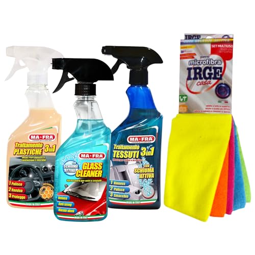 Ma-Fra, Set Trattamento 3 in 1 PLASTICHE - Glass Cleaner - Tessuti Insieme 7 Panni Microfibra Multiuso 30x35 cm
