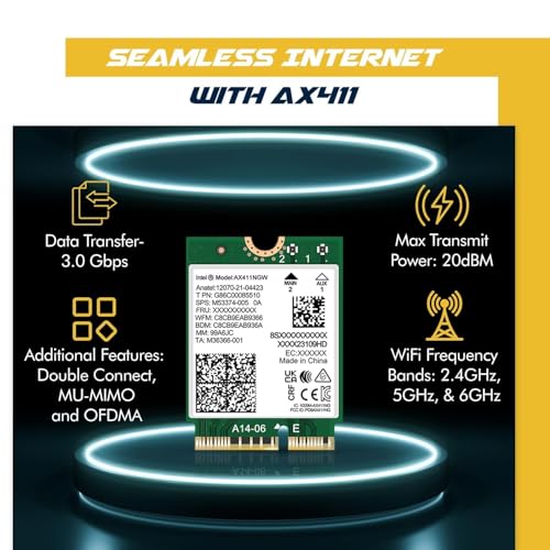 Image of WiFi 6E Adapter for Intel AX411 | Tri-Band Wireless | Up to 3.0 Gbps | CNVio2 M.2 Format for PCs | Bluetooth 5.3 Support | for Intel 12th Gen and Newer CPUs, Windows 10 /11, Linux | AX411NGW