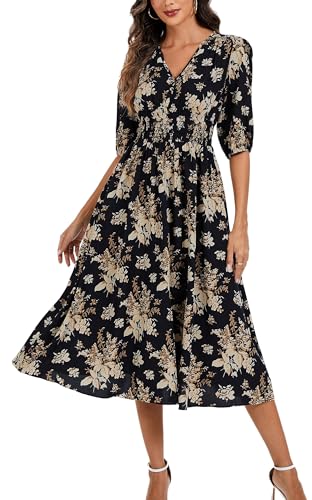Image of Kormei Women Casual Boho V Neck 3 /4 Sleeve Smocked Waist A Line Flowy Swing Midi Dress Smocked Long Dress