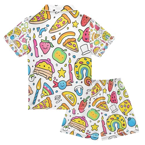 senya Cartoon Pizza Rainbow Satin Summer Pajama Sets Silk Short Sleeve Button Down Sleepwear2