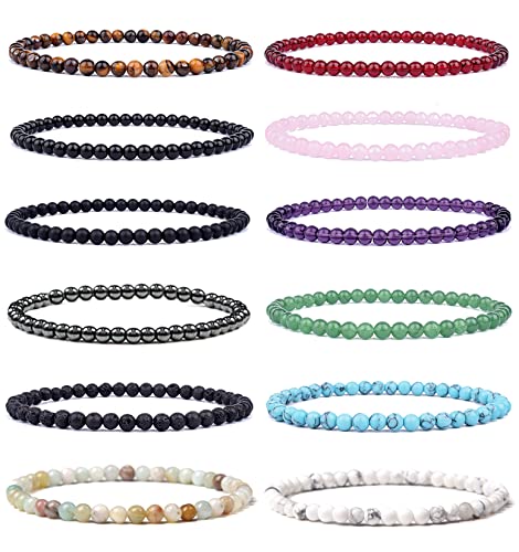 WAINIS 12Pcs 4mm 6mm 8mm Semi-Precious Gemstone Beaded Bracelets for Men Women Round Crystal Stone Bead bracelet Healing Stretch Bracelets Set Unisex