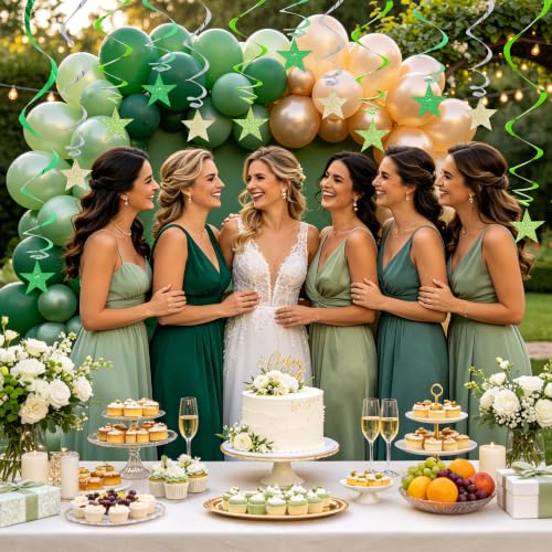 Image of BEISHIDA Green Gold Glitter Stars Hanging Swirls Pre-Strung Hanging Ornament Decorations for Baby Shower Wedding Birthday Party Decorations Supplies,Pack of 15