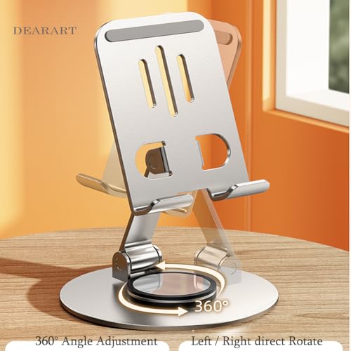 Image of DEARART Silver Cell Phone Stand, 360 Adjustable Phone Stand for Desk, Foldable Phone Holder Fully Carried Easily, Disc Base