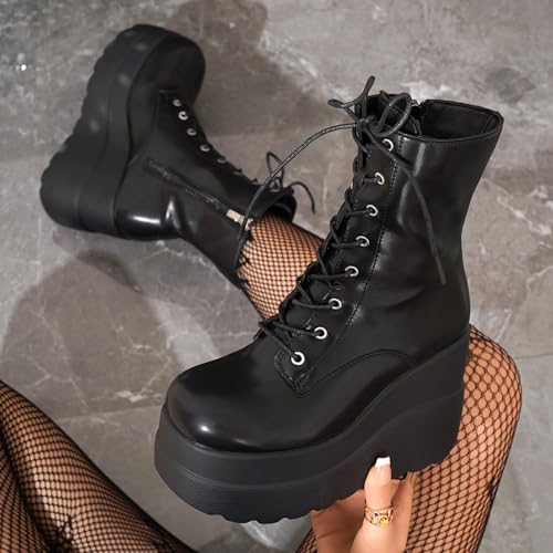 Gothic Combat Ankle Boots for Womem Lace Up Round Toe Platform Chunky Wedge Booties Side Zipper Punk Motorcycle Boots2
