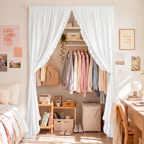 Fanfanwin 2 Pcs 42 x 80 Inch Vintage Ruffled Closet Curtain for Open Closet with Pearl Curtain Tiebacks Boho Door Curtains Without Doors White French Room Divider Drapes for Laundry Doorway Home Decor