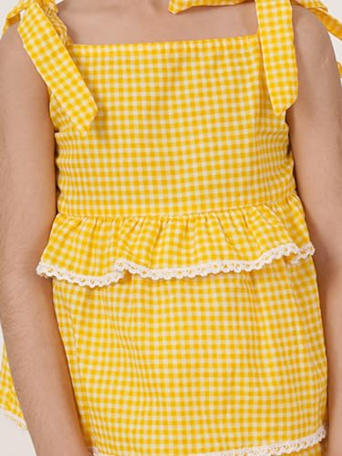 Image of FABRIC FITOOR Kids Cotton's Yellow Colour Checks Print Top & Palazzo Set /Co-ord Set with Hair Band For Girls