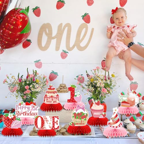 Image of Berry First Birthday Decor - 9PCS Sweet One Birthday Party Decorations Cute Strawberry 1st Birthday Decorations Berry First Birthday Party Table Centerpiece Decor Supplies Baby Girls