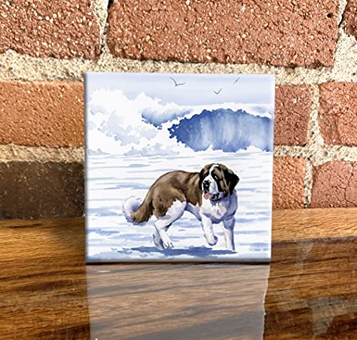 Saint Bernard at The Beach Watercolor Dog Art Decorative Tile (6 X 6 Framed)