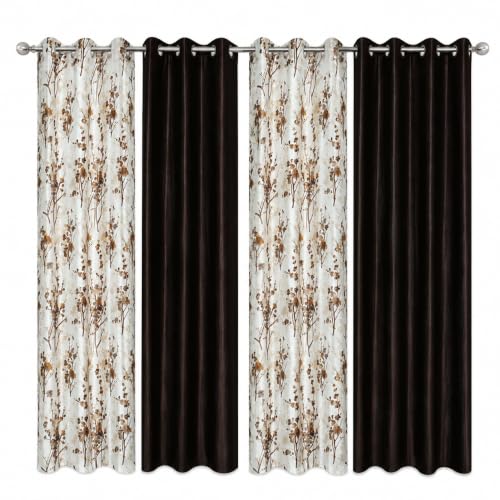 Image of 6 Feet Polyester Floral Light Filtering Window Curtains for Living Room, Bedroom & Dining Room, Eyelet Top, Coffee Printed and Solid Plain Curtain Set of 4