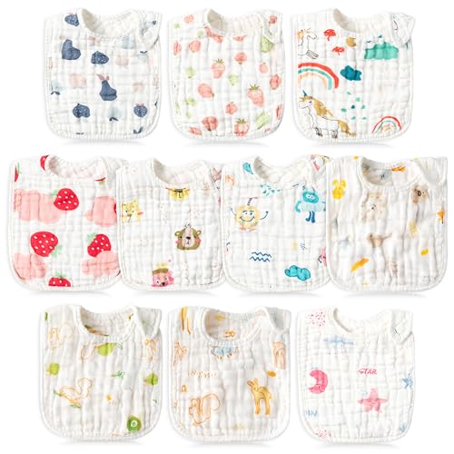 Image of BUoonyer 10pcs Snap Muslin Cotton Bibs, Baby Bandana Drool Bibs, Adjustable Soft Absorbent Cotton Scarf