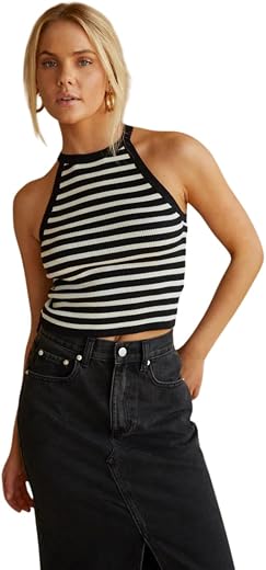 Nalax Designs Striped Halter Neck Tank Top, Women's Casual Sleeveless