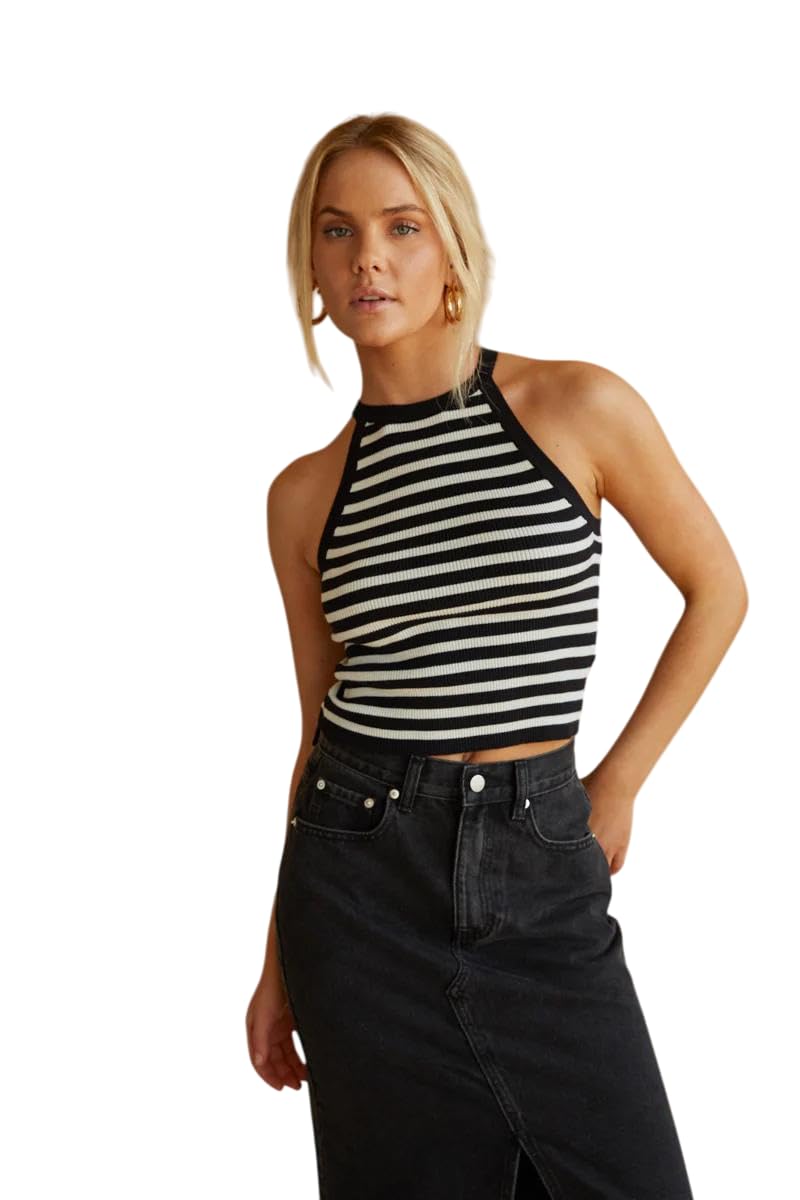 nalax designs Striped Halter Neck Tank Top, Women's Casual Sleeveless-picture-27