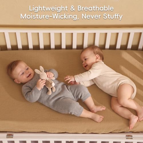 Image of david's kids Muslin Mini Crib Sheets, 2 Pack Cotton Pack N Play Sheets for Boys Girls Neutral, Soft Breathable Baby Sheets Fit Pack N Play, Playard and Mini Crib Mattresses, Giraffe