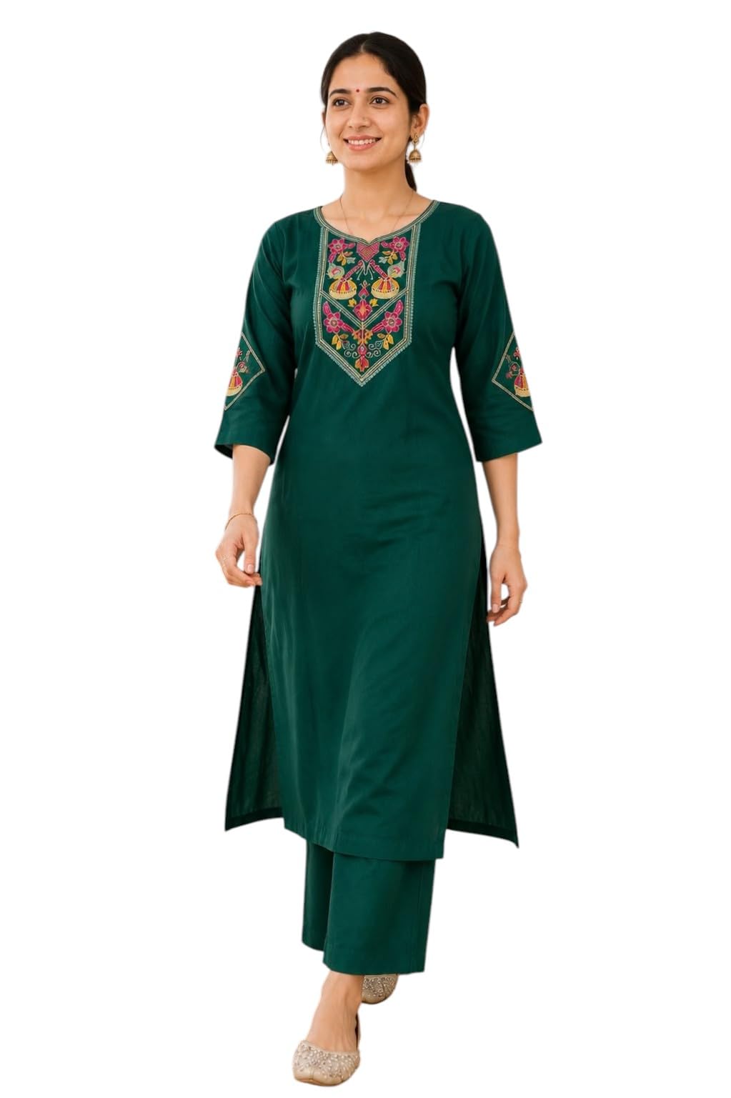 Women's Green Embroidered Kurta with Palazzo Pant Set-image-2