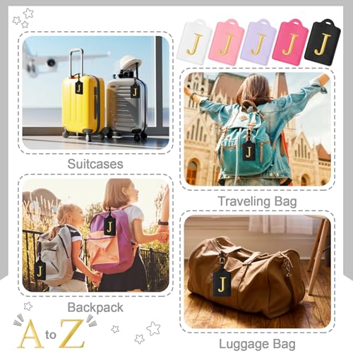 Image of Personalized Initial Luggage Tags for Suitcases, Cute PU Leather Embroidered Letter Travel Luggage Tags, Suitcase Identifier Name Baggage Tag, Bag Tags for Men Women Kids Luggage Handbags(Black J)