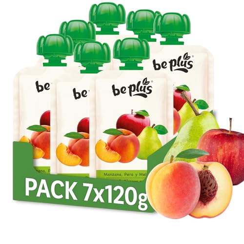 Be Plus Pouch Manzana, Pera y Melocotón 7x120g – Compota de Fruta Natural para Bebés desde 4 Meses – Sin Azúcares Añadidos – Sin Gluten – Fuente de Vitamina C – Snack Infantil