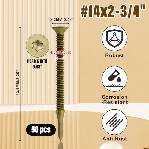 CNQLIS Tornillos Autoperforantes para Madera a Metal #14 x 3-1/4" Cabeza Torx Plano, 50 Piezas miniatura 2