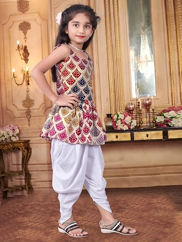 Image of Girls Ethnic Printed Peplum Top and White Dhoti Pant Set | Stylish Sleeveless Kurti with Comfortable Bottom | Traditional Festive Outfit for Kids