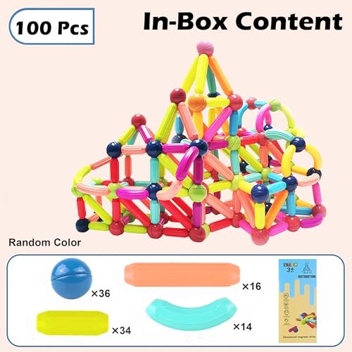 Image of VGRASSP Magnetic Sticks Building Blocks Set for Kids - Creative STEM Toy for Boys and Girls with Strong Magnets, Vibrant Colors, Safe & Durable Design, Ideal for Ages 3+ (100 Pcs Set)