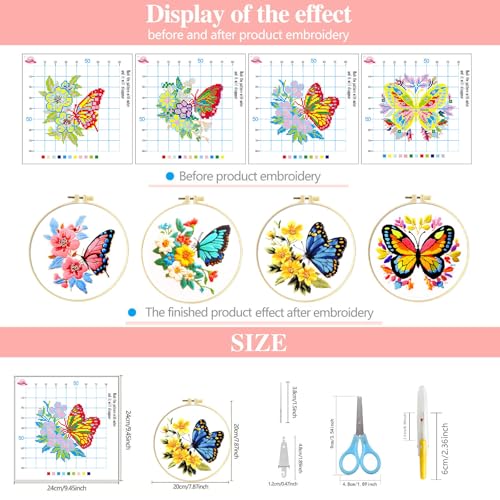 Image of Zhenqing 4-Pack Butterfly Cross Stitch Kits - 11CT 24x24cm Aida Cloth with Blue, Pink & Floral Designs - Vibrant Home Wall Art Decor Set(68121)