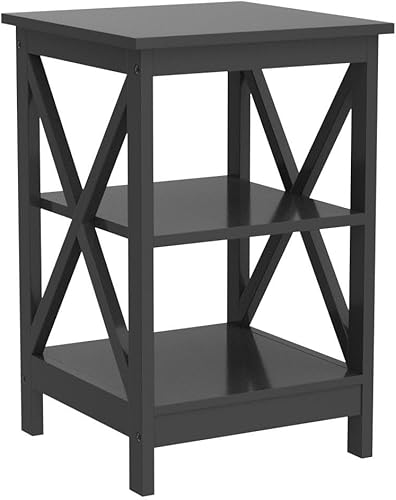 Miniatura 22 de Yaheetech Mesa auxiliar de sofá de 3 niveles con estante, mesa auxiliar resistente en forma de X para sala de estar, unidad de exhibición,