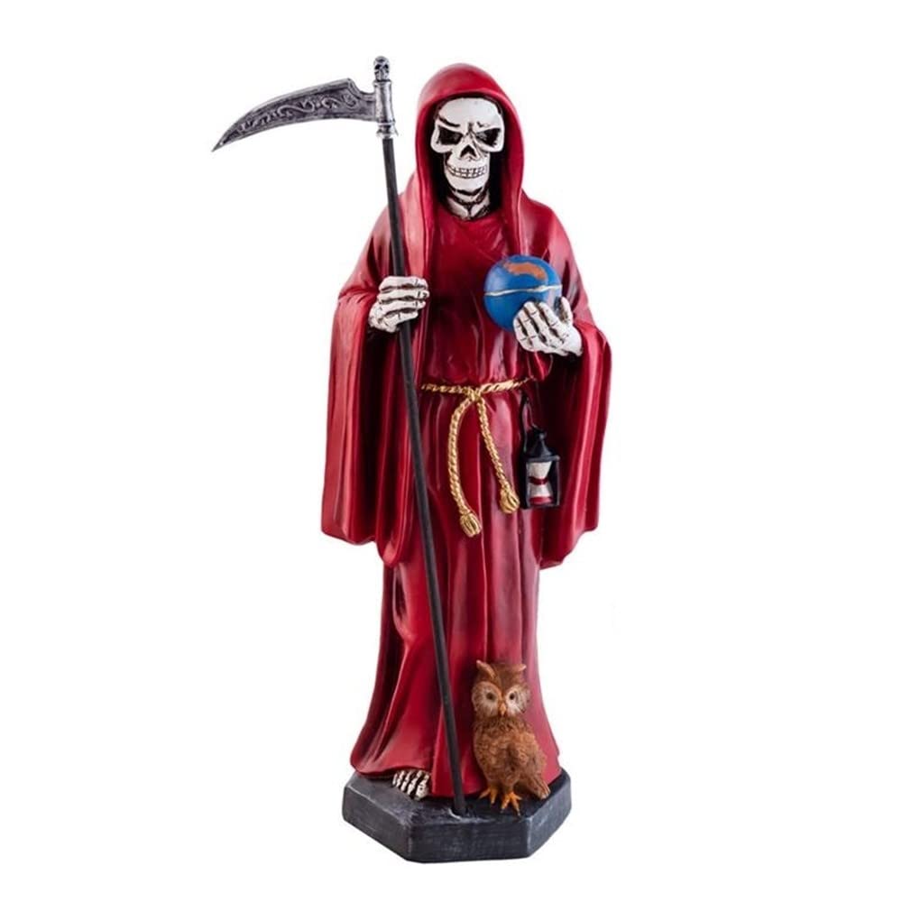 Santísima Muerte roja Figura 40 cm. Detalles búho Bola Mundo Imagen Resina peana